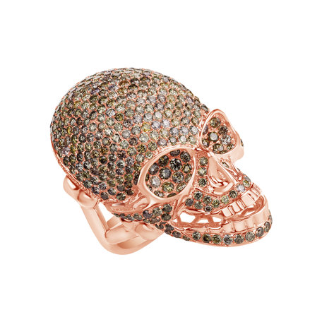 Prsten s bílými a hnědými diamanty Diamond Skull