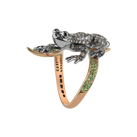 Prsten s bílými, hnědými a černými diamanty a granáty Luxury Frog